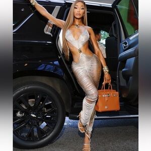 Fringe Silver Metallic Cut Out Dress